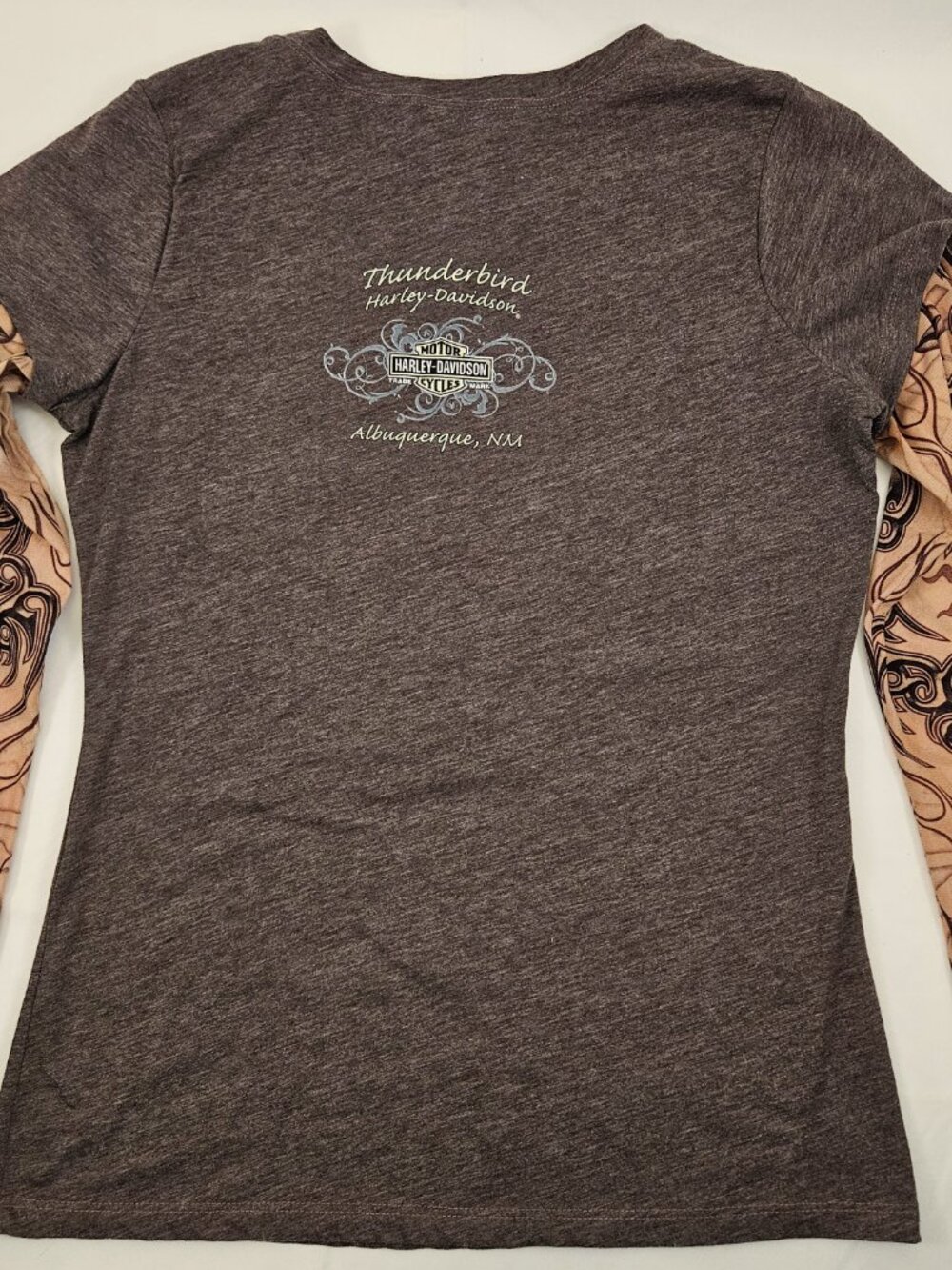 Womens Harley Davidson Tattoo Sleeve t-shirt XL Vintage Y2K Brown Biker ABQ Bike - Picture 3 of 8